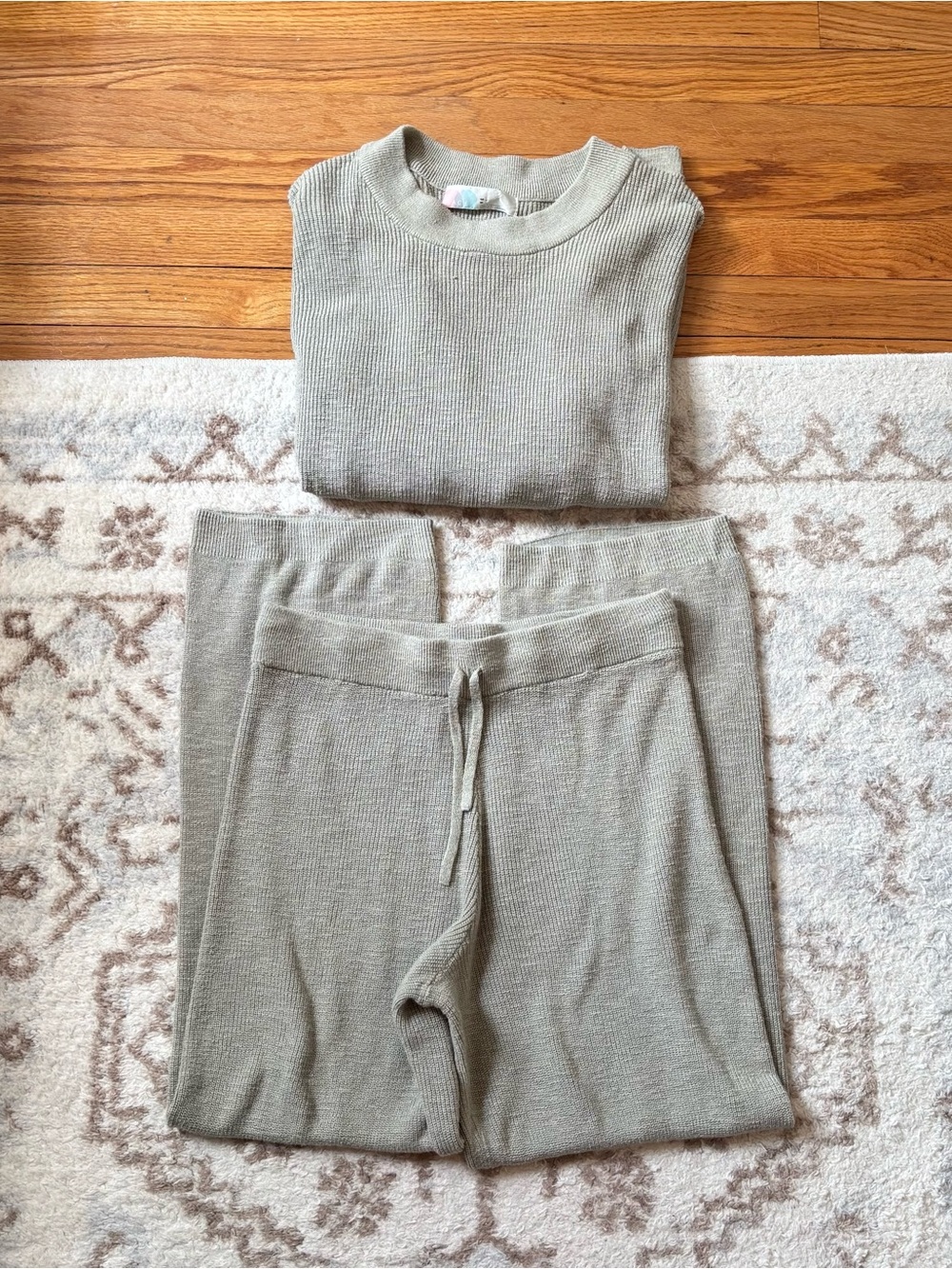 Free People FP Beach Sweater Set Two Piece Knit Pant Crewneck Pullover Green
